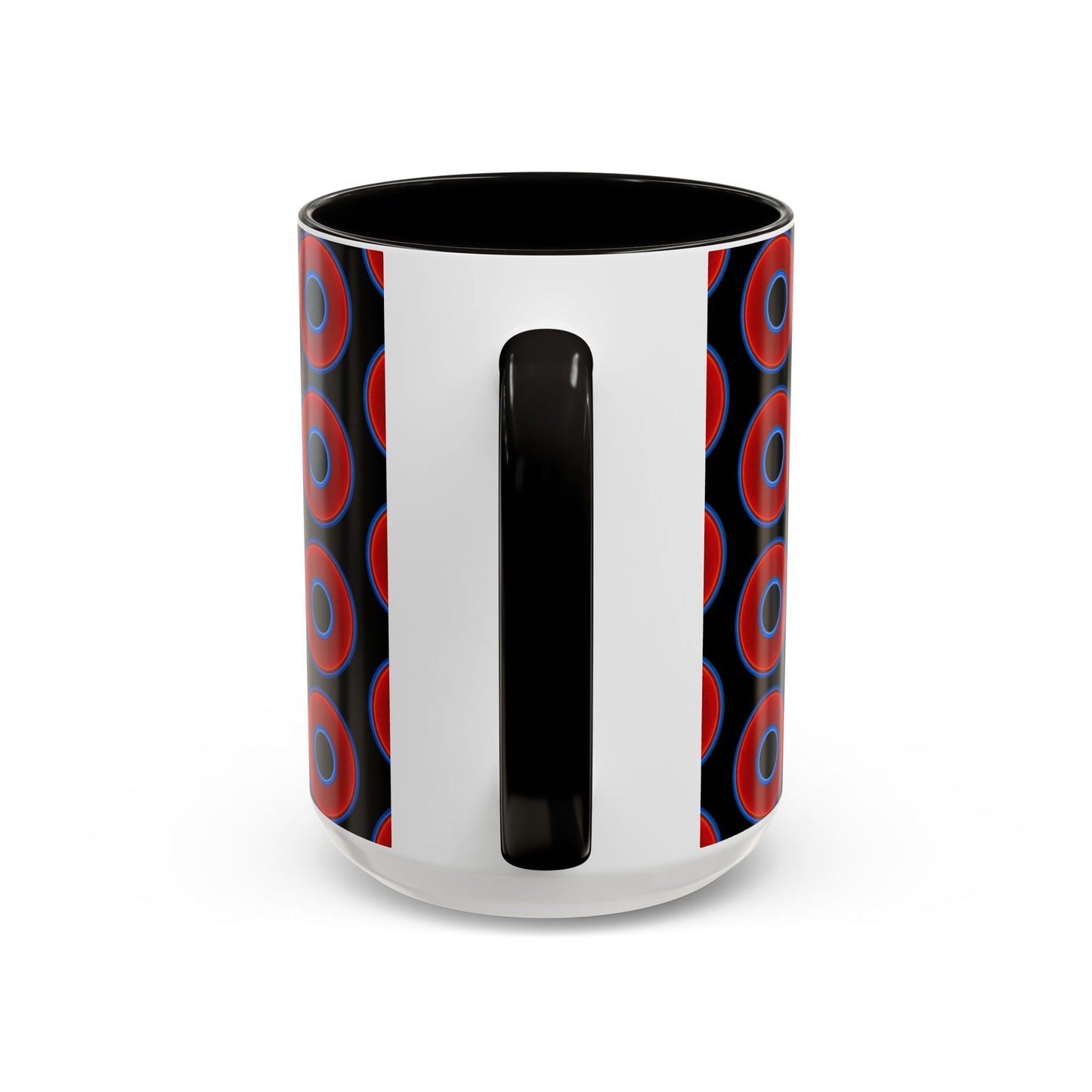 Lump's Grumpy Coffee Mug - vivid red donuts w/black background