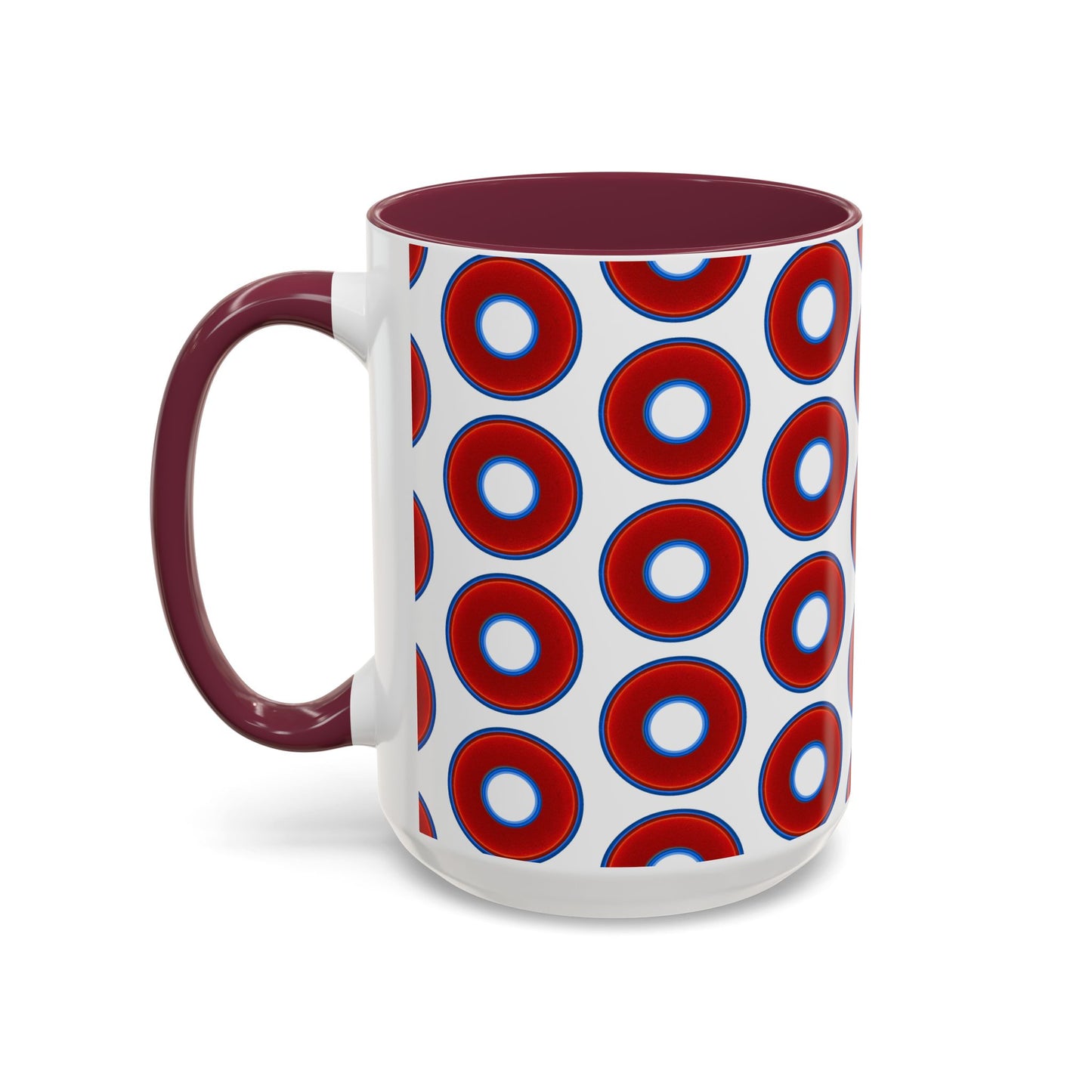 Lump's Grumpy Coffee Mug - vivid red donuts w/white background