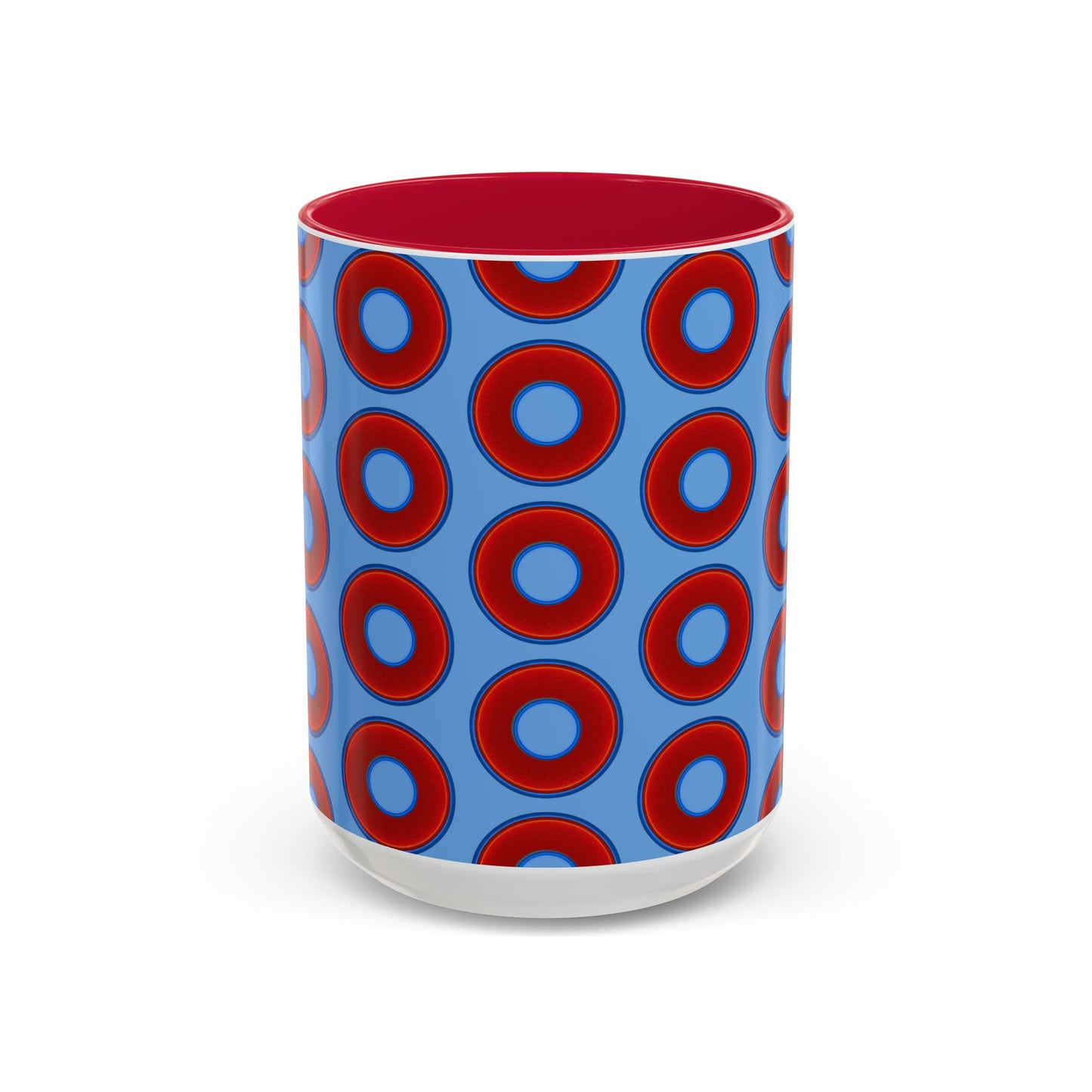 Lump's Grumpy Coffee Mug - vivid red donuts w/light blue background