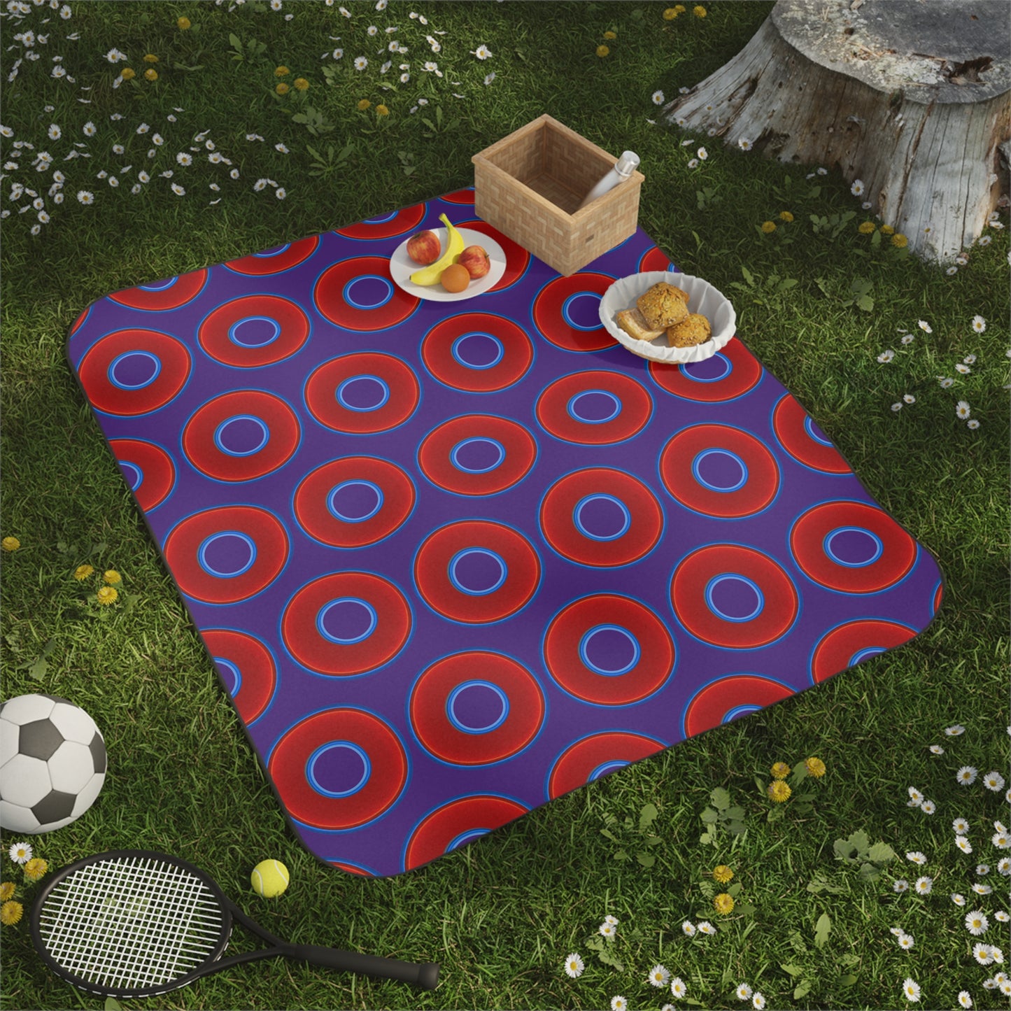 The Lumpy Party Blanket - giant water-resistant outdoor blanket [61" x 51"] - vivid red donuts w/purple background