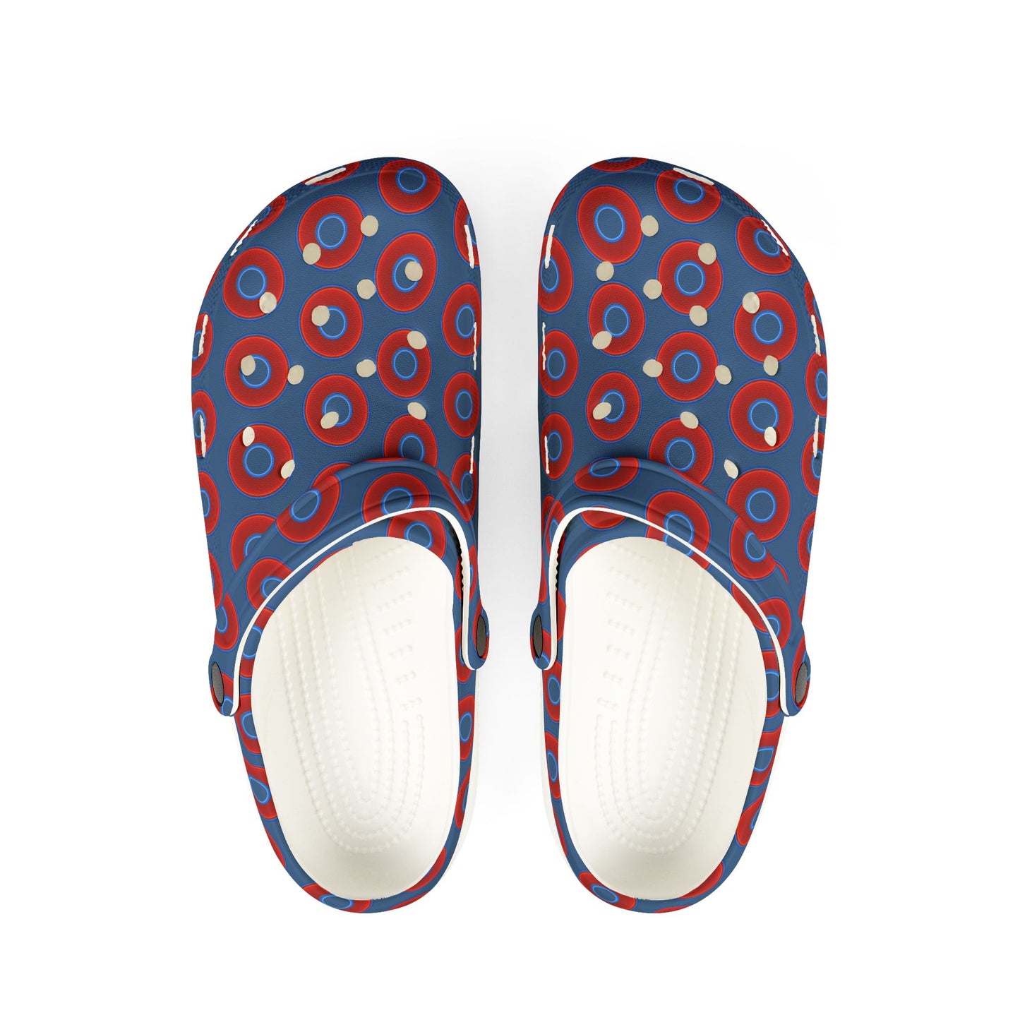 Spatchcocks - donut slip-on shoes - vivid red donuts w/light navy blue background [unisex]