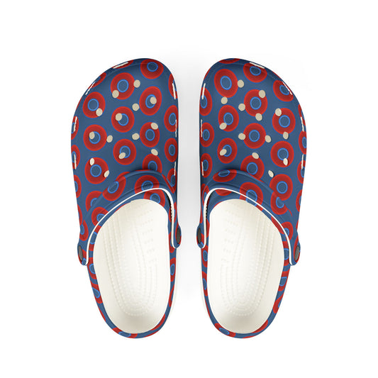 Spatchcocks - donut slip-on shoes - vivid red donuts w/light navy blue background [unisex]