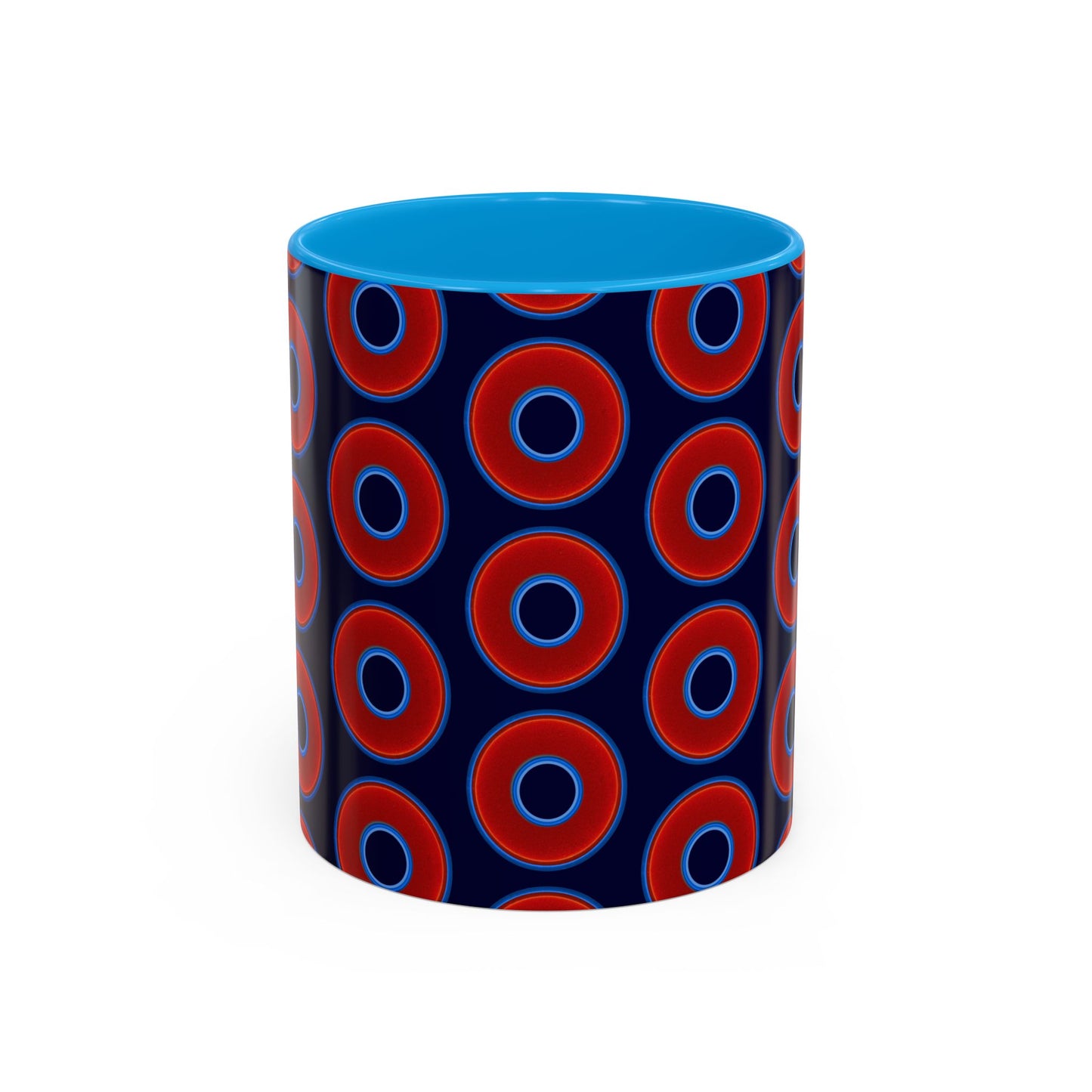 Lump's Grumpy Coffee Mug - vivid red donuts w/midnight blue background