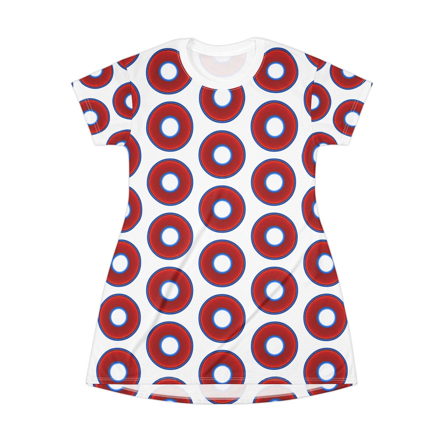 Not a Muumuu AOP Tee Shirt Dress - red vivid donuts w/white background