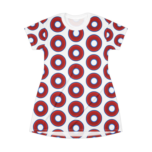 Not a Muumuu AOP Tee Shirt Dress - red vivid donuts w/white background