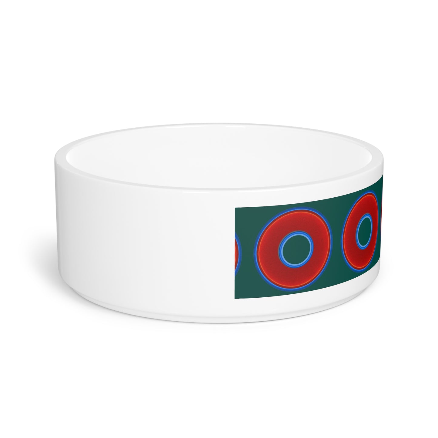 16 oz Lumpy Pet Bowl - vivid red donuts w/dark Fenway green background