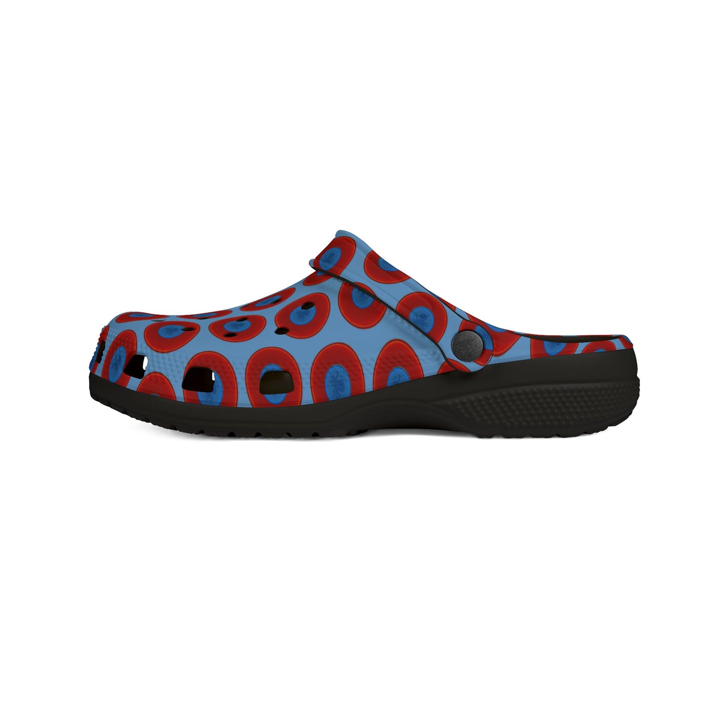 Spatchcocks - donut slip-on shoes - "Roger Moore's Octopussy Donut" - red vivid donuts w/light blue background [unisex]