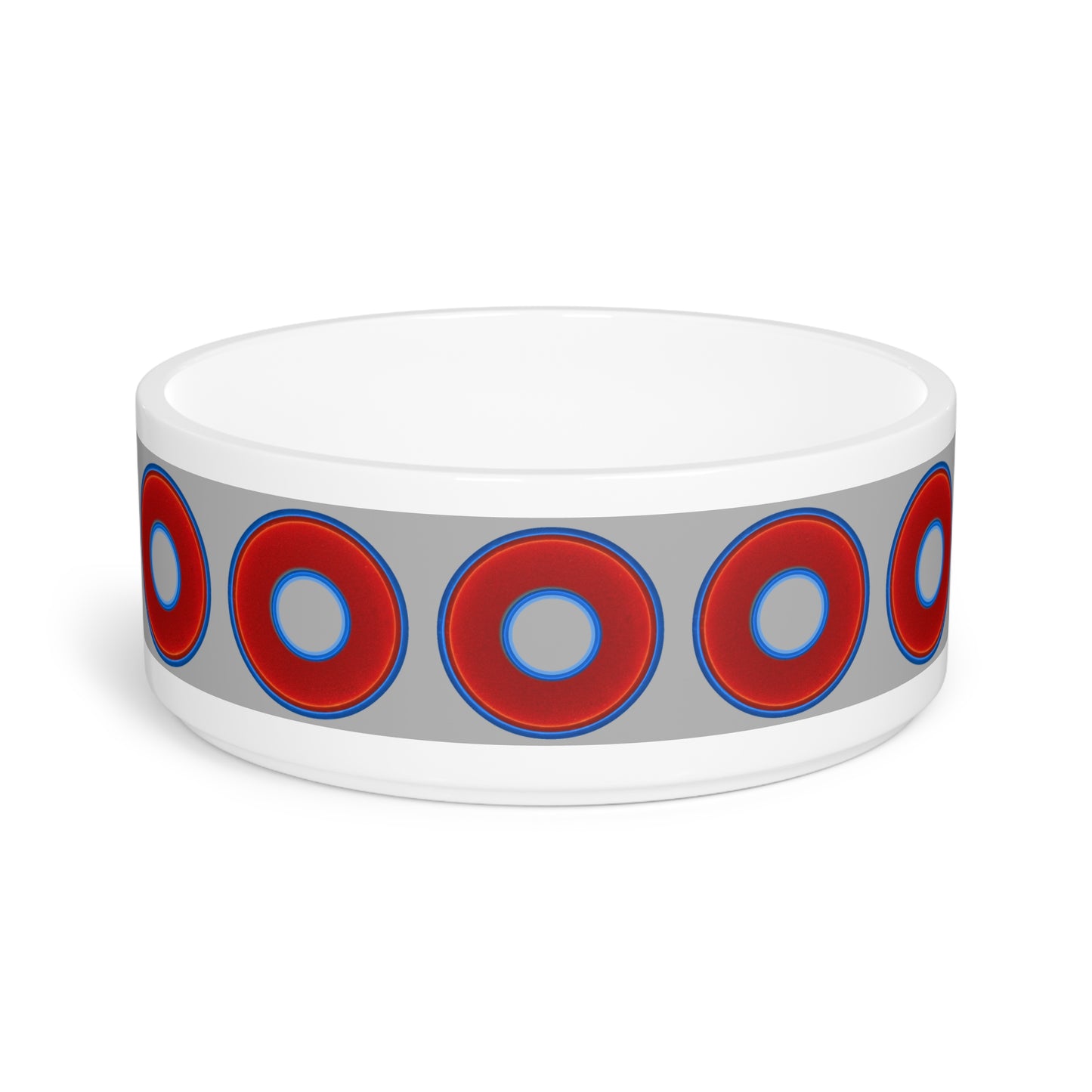 16 oz Lumpy Pet Bowl - vivid red donuts w/light gray background