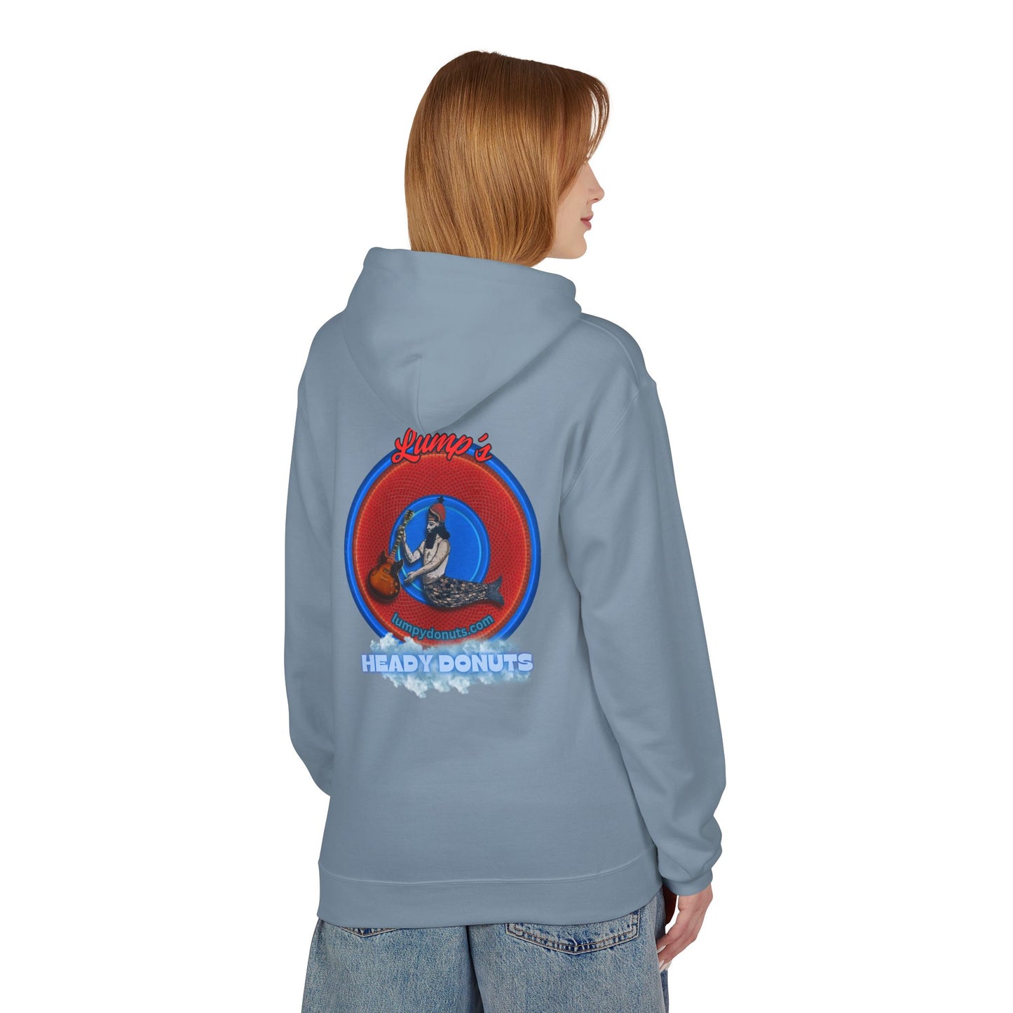 Unisex Fleece Hoodie - [Midweight Soft-style] - "Lump's Heady Logo" - w/rustic red donuts