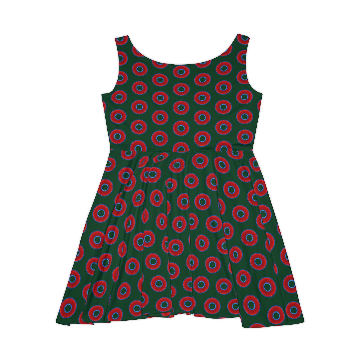 Women's Skater Donut Dress - vivid red donut print w/deep pond green background