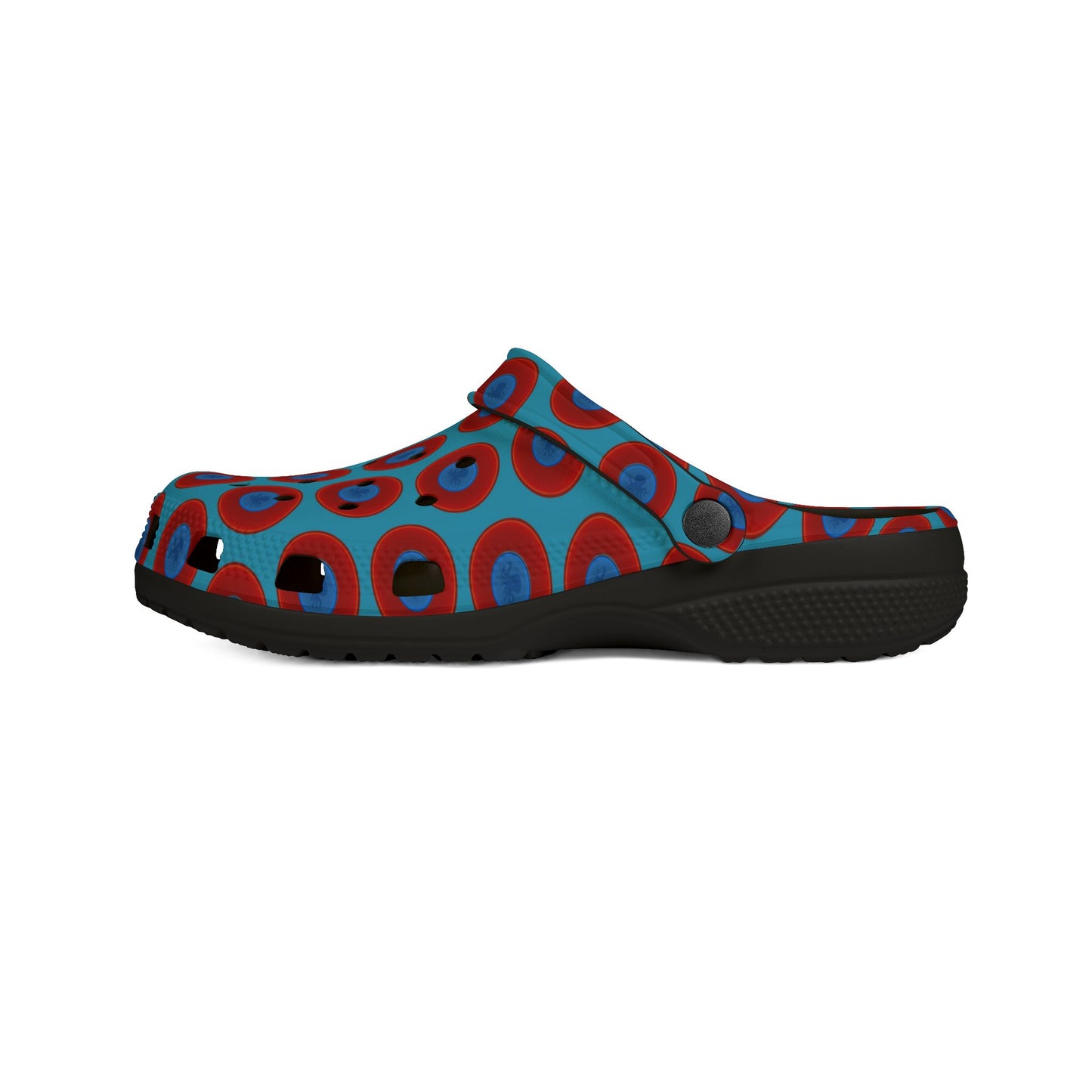Spatchcocks - donut slip-on shoes - "Roger Moore's Octopussy Donut" - red vivid donuts w/turquoise background [unisex]