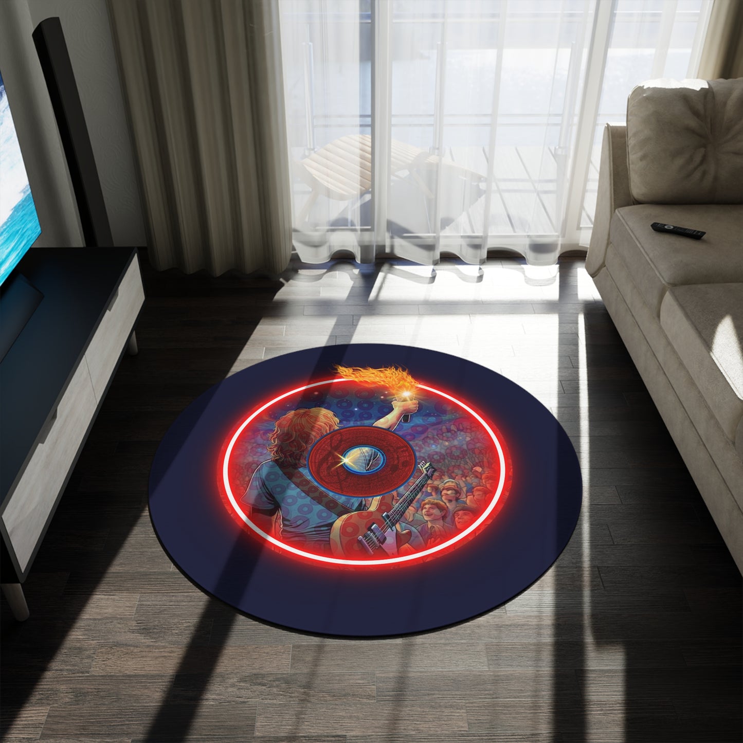 Round Room - 5 ft x 5 ft Lumpy Donut Rug - "Torchbearer's Donut Rug" - vivid red flaming donut w/dark navy background