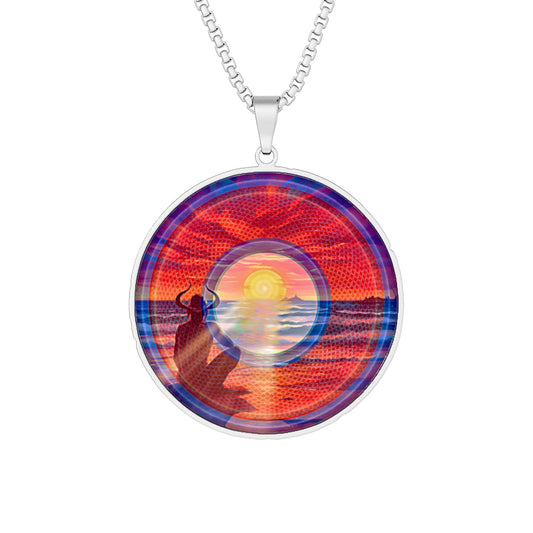 Lump's Heady Donut Necklace - 1" x 1" Stainless Steel Pendant - "Coiled Donut of Sunset" - red/blue rustic cartoon donut