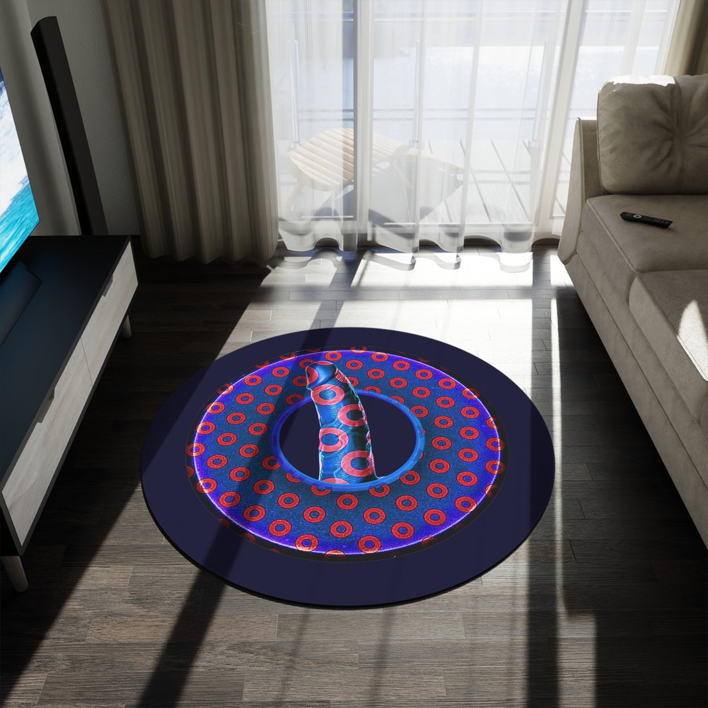 Round Room - 5 ft x 5 ft Lumpy Donut Rug - "Sir Richard's Phamous Donut Rug" - paradoxical weathered blue/red donut w/midnight blue background - variant 3