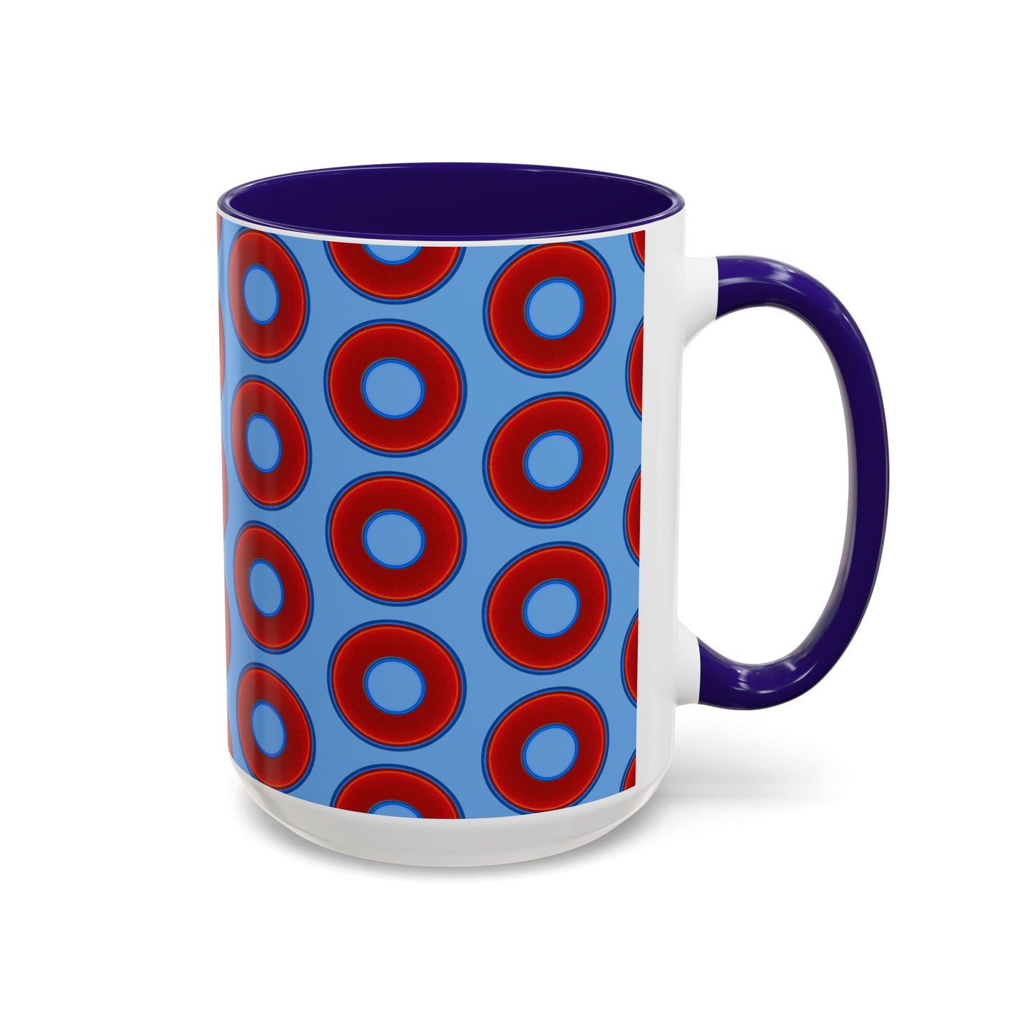 Lump's Grumpy Coffee Mug - vivid red donuts w/light blue background