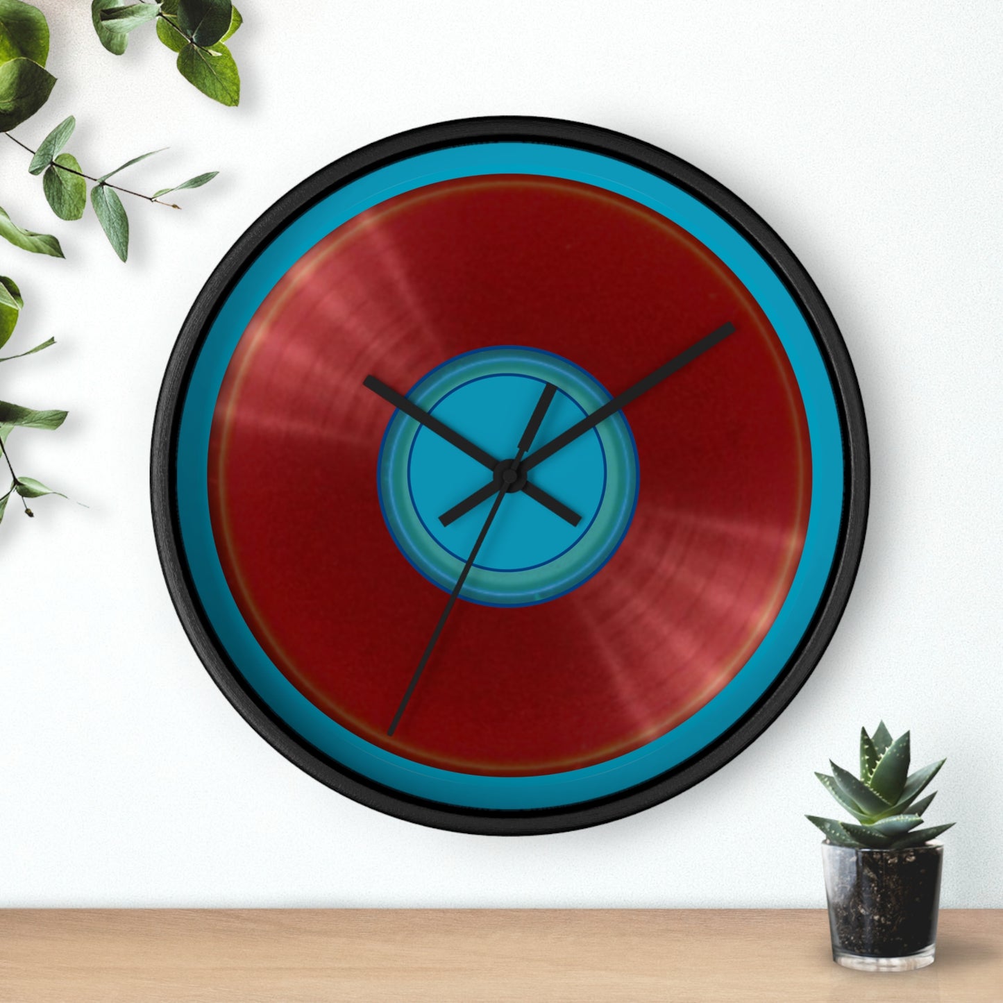 Lumpy Wall Clock - "Plain Vivid Donut" - dark red donut w/aquamarine blue background