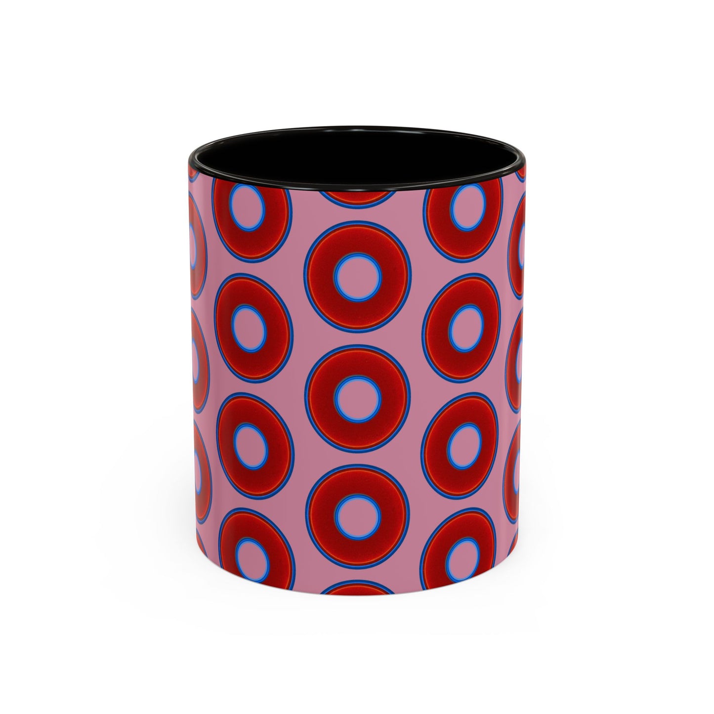 Lump's Grumpy Coffee Mug - vivid red donuts w/pink background