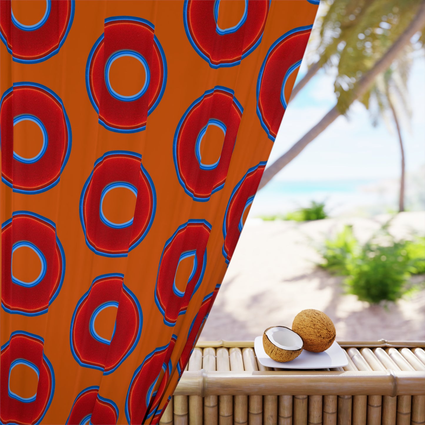Lump's Heady Curtain w/Donuts - vivid red donut print - w/dark orange background - [*1 Piece / 50" x 84"]