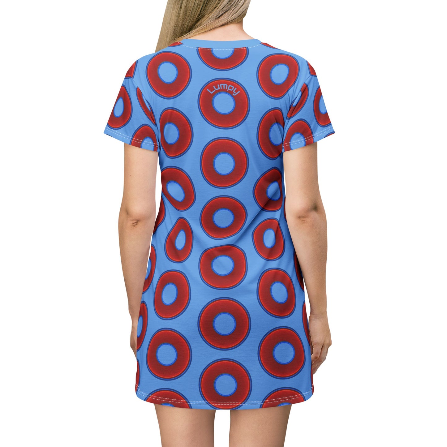 Not a Muumuu AOP Tee Shirt Dress - red vivid donuts w/light blue background