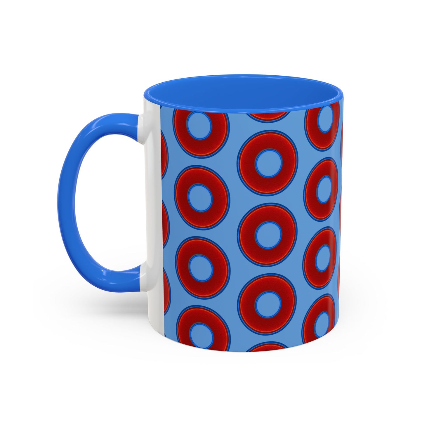 Lump's Grumpy Coffee Mug - vivid red donuts w/light blue background