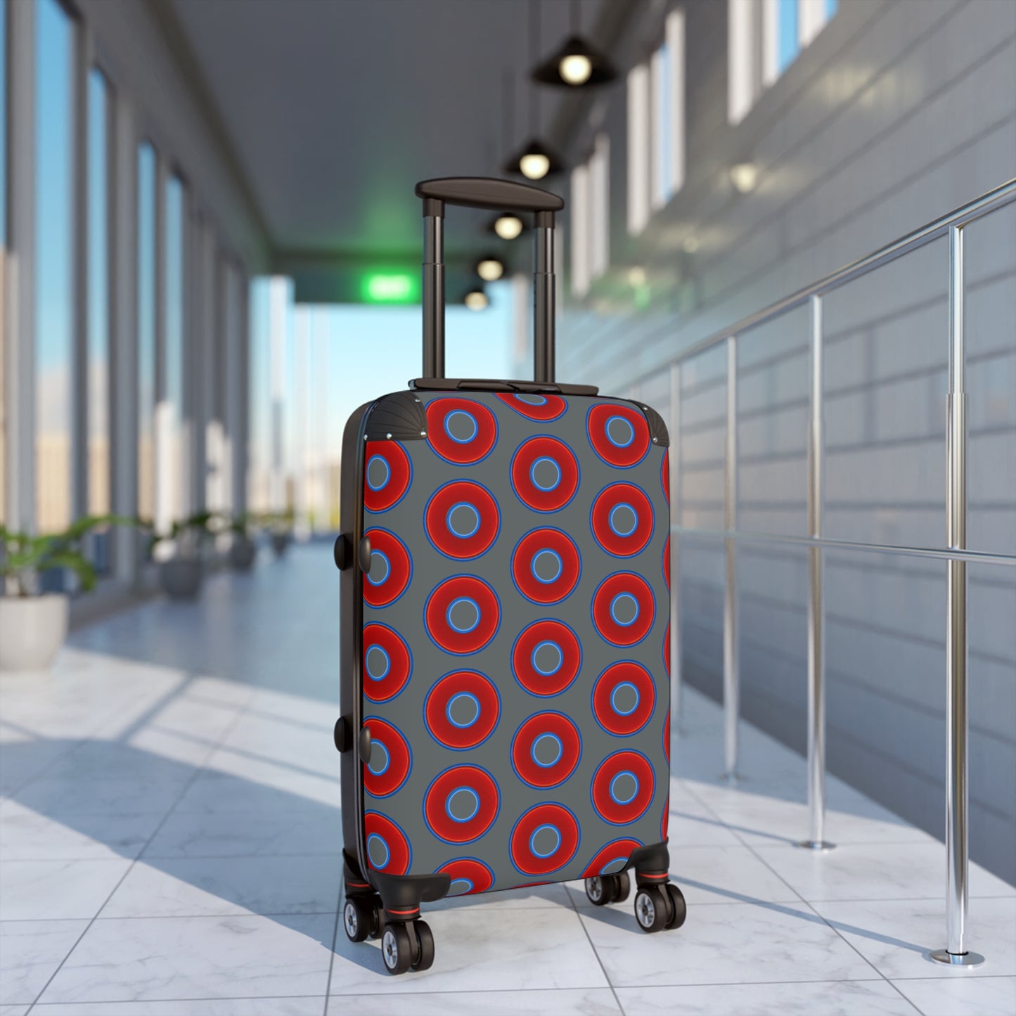 The Very Lumpy Donut Suitcase series - your choice of S, M or L - vivid red donut print w/gray background