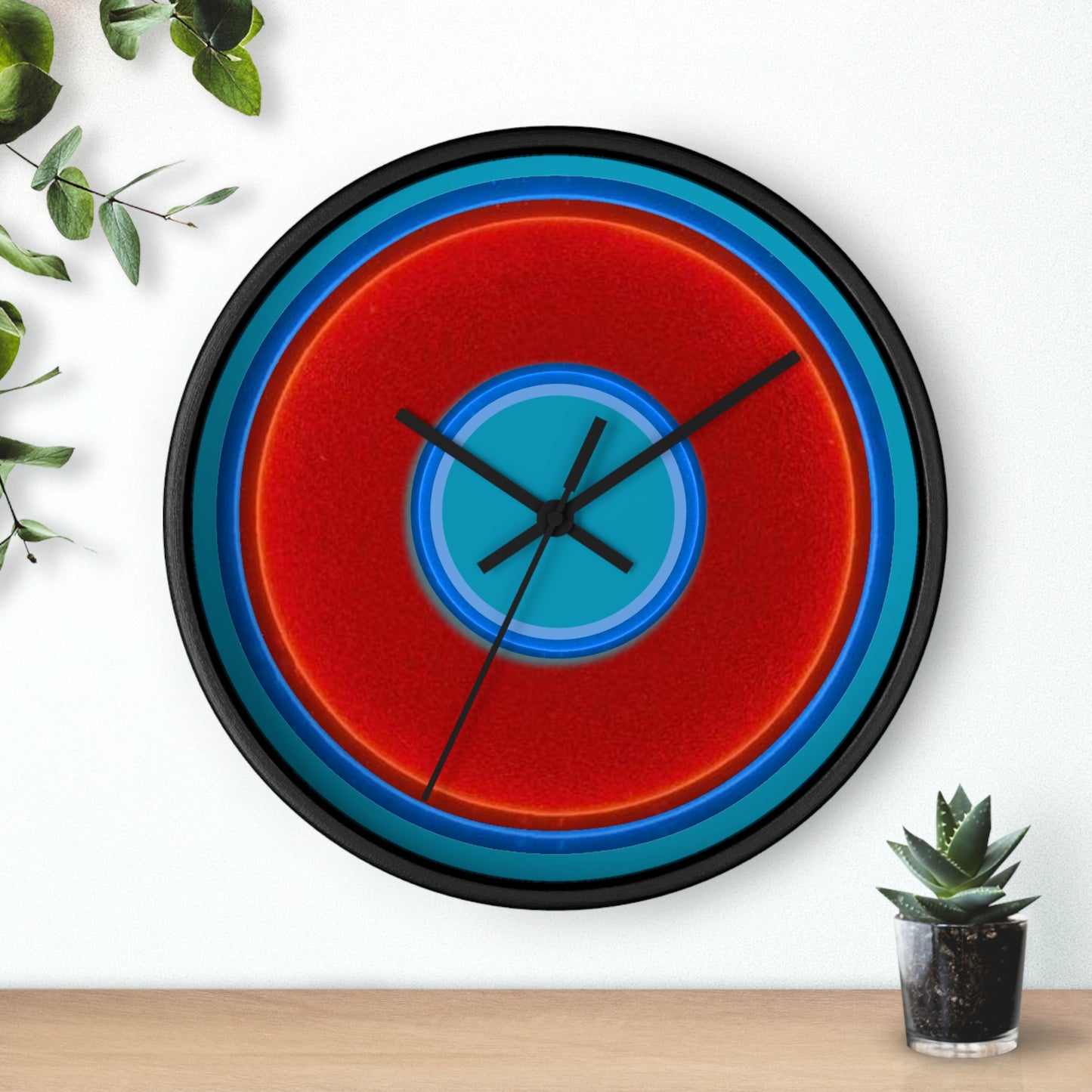 Lumpy Wall Clock - red vivid donut - variant 7 w/aquamarine blue background
