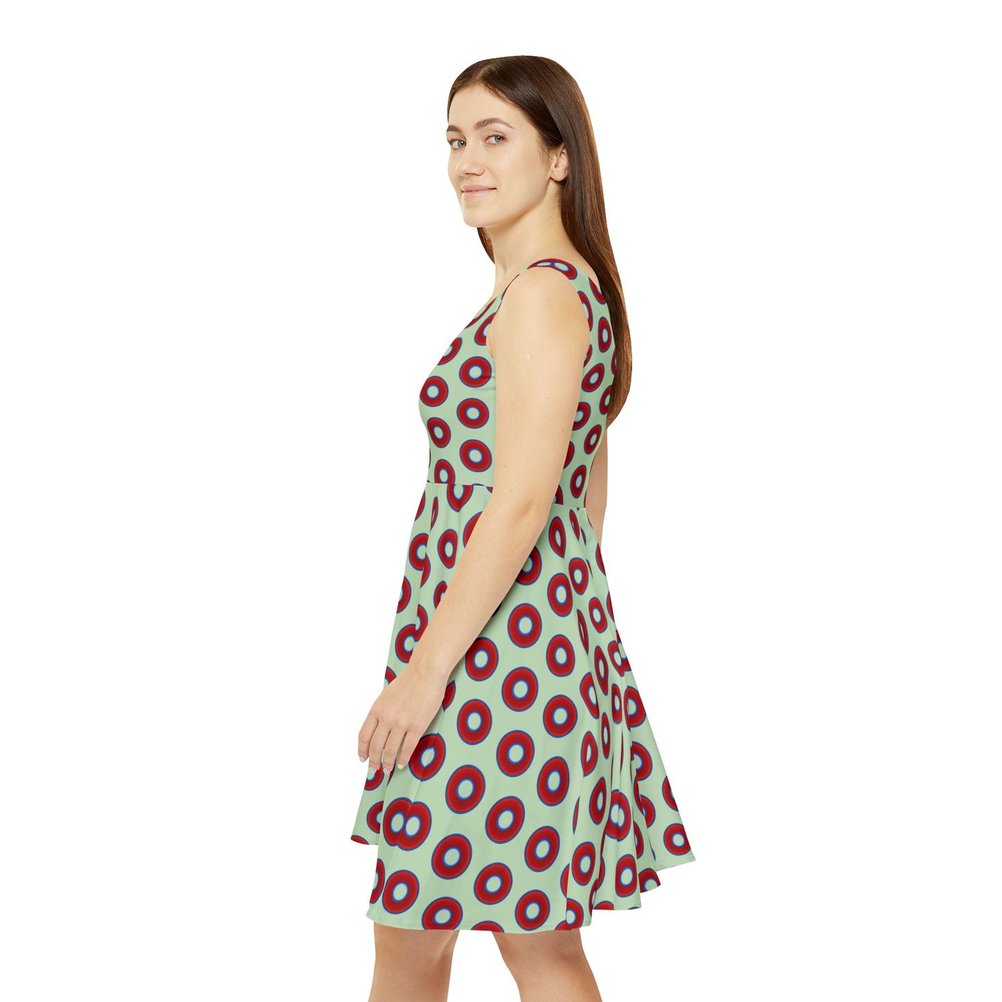 Women's Skater Donut Dress - vivid red donut print w/seafoam background