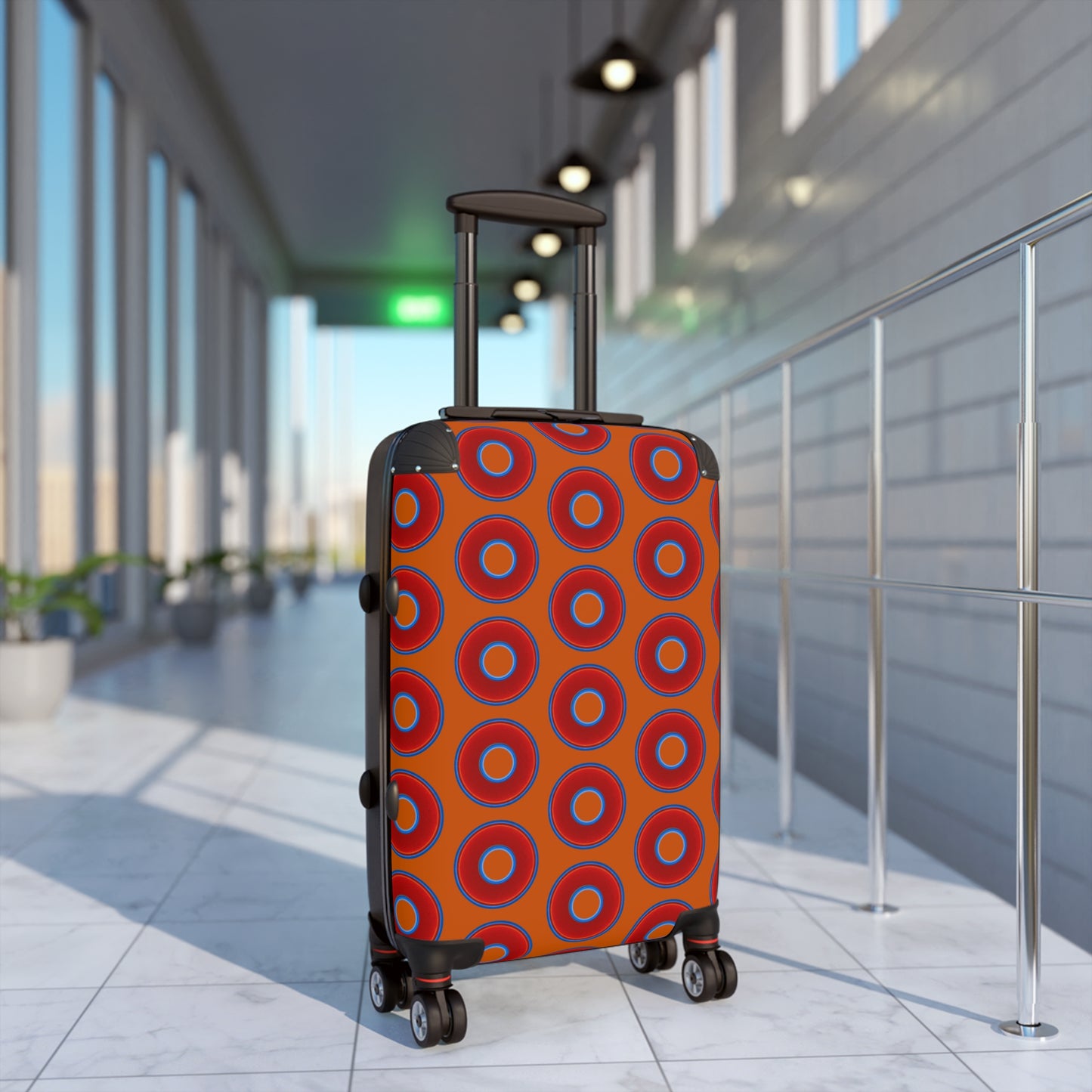 The Very Lumpy Donut Suitcase series - your choice of S, M or L - vivid red donut print w/dark orange background