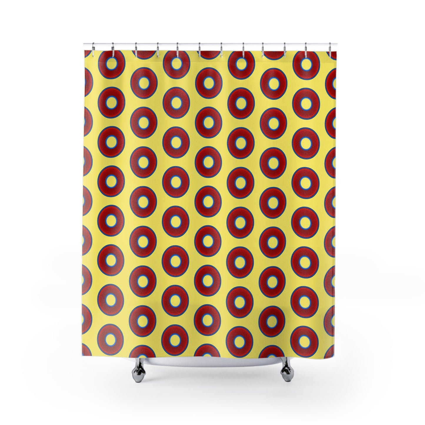 The Curtain With "Donuts" - Lumpy Bath Time Fun - vivid red donuts w/yellow background