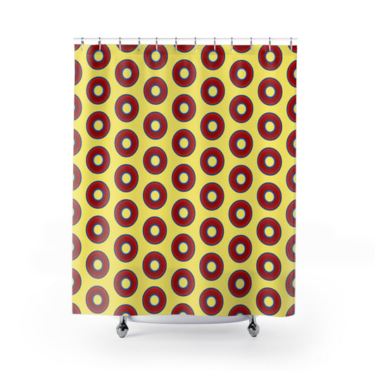 The Curtain With "Donuts" - Lumpy Bath Time Fun - vivid red donuts w/yellow background