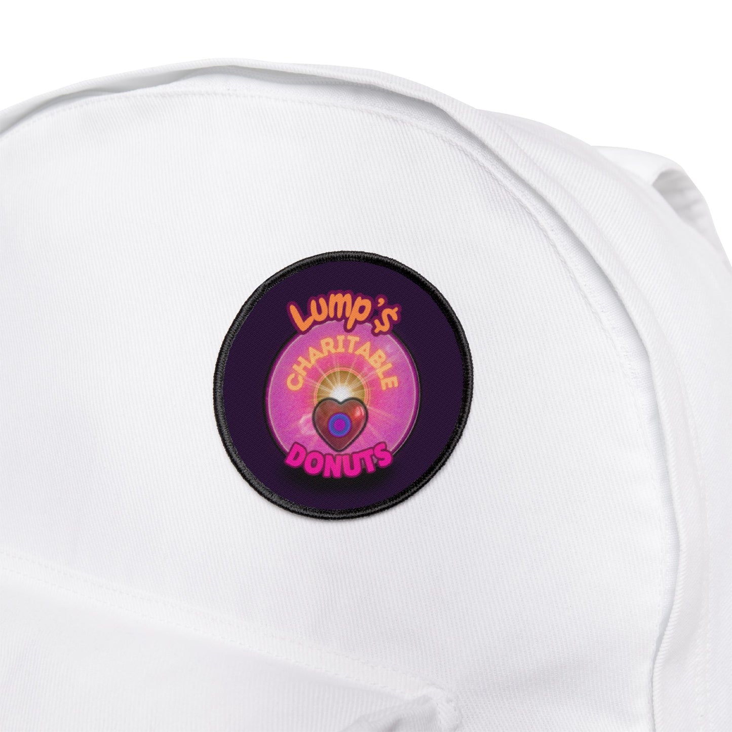 Iron-On Donut Patch - "Official Lumpy Donuts Charitable Donut Patch" - vivid magenta donut