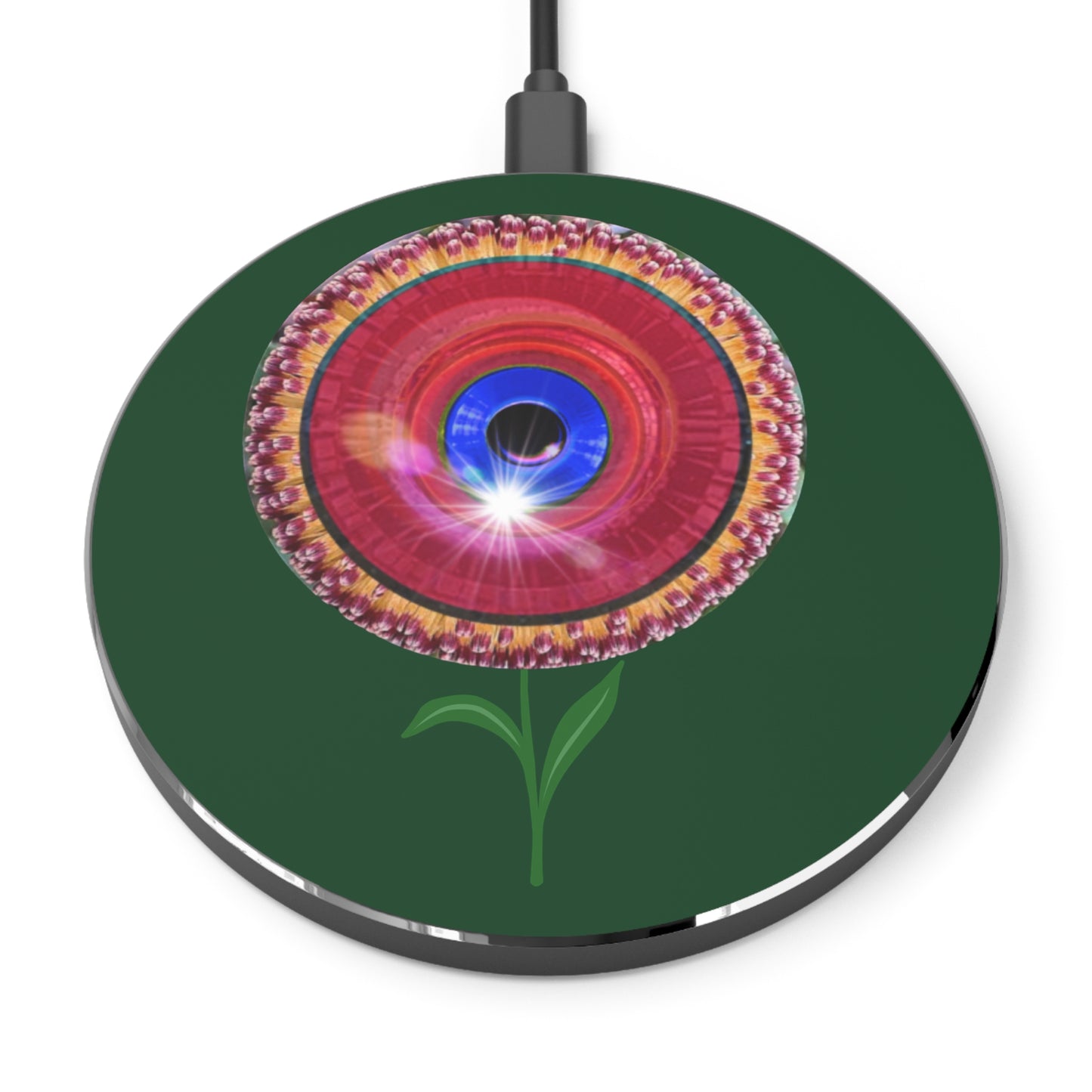 The Flow - Wireless Lumpy Donut Chargers - "Smell the Donuts Wireless Charging" - red flour donut w/deep pond green background - variant 1