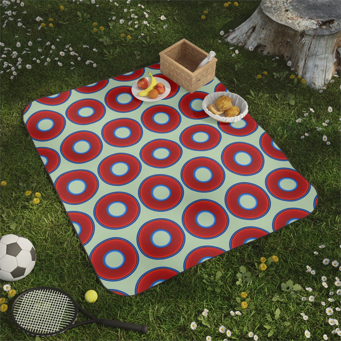 The Lumpy Party Blanket - giant water-resistant outdoor blanket [61" x 51"] - vivid red donuts w/seafoam background
