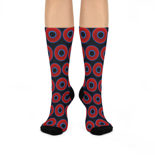Lumpy Sox - cushioned crew - vivid red donut print w/blue charcoal background