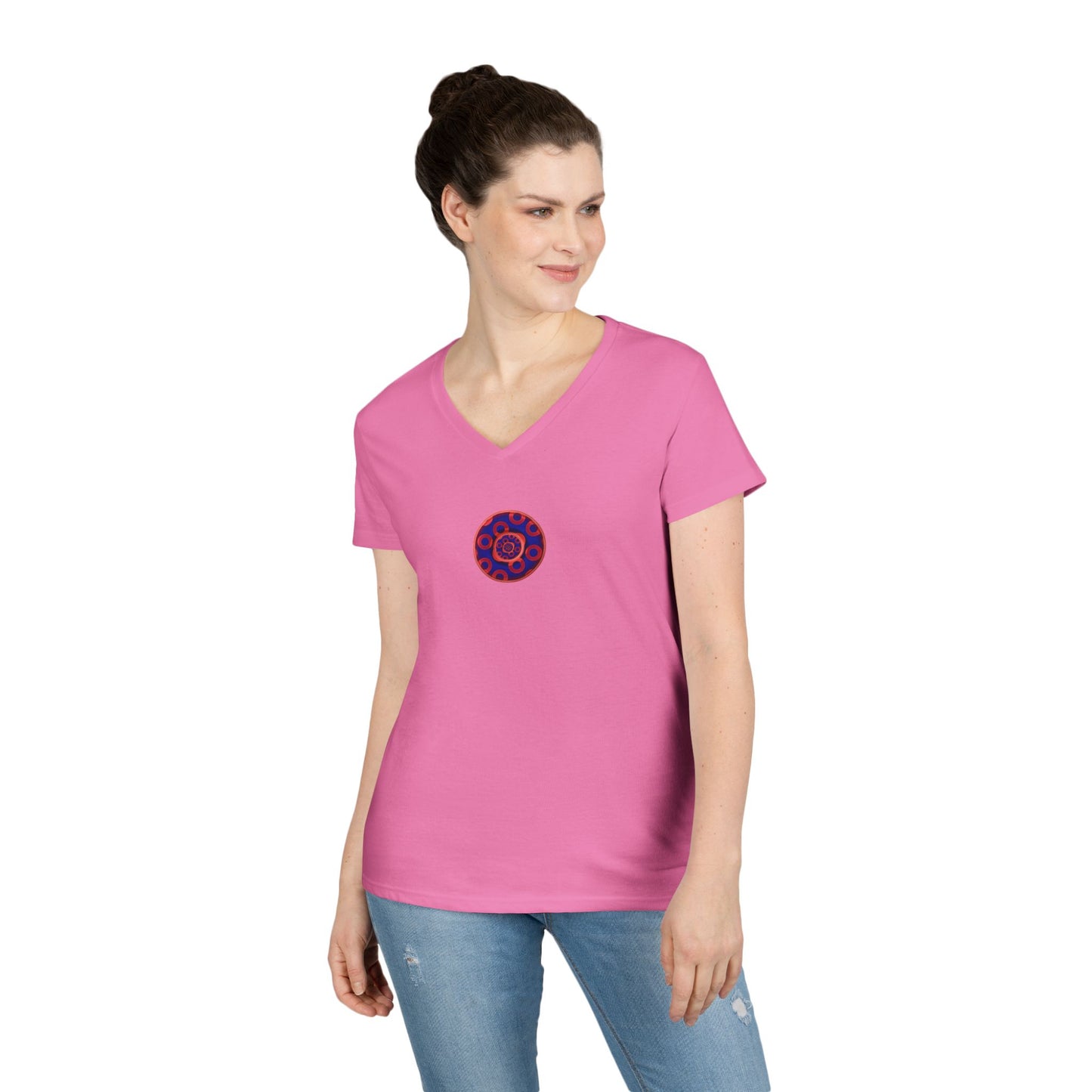 Women's Donut V-Neck Tee - "Paradox Kaleidoscope Donuts" - rustic donut w/ - variant 2