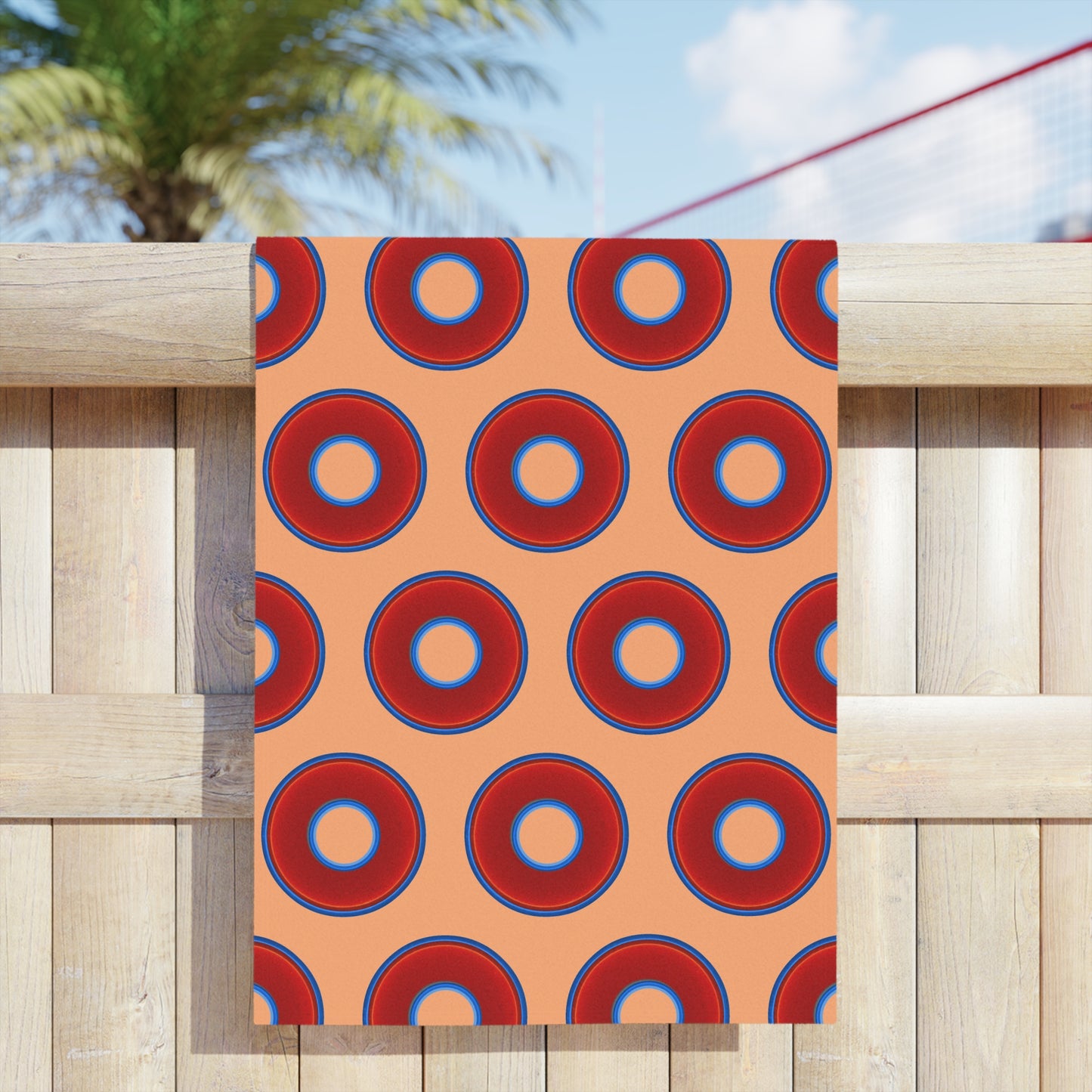 Lumpy Donut Towels - vivid red donuts w/peach background