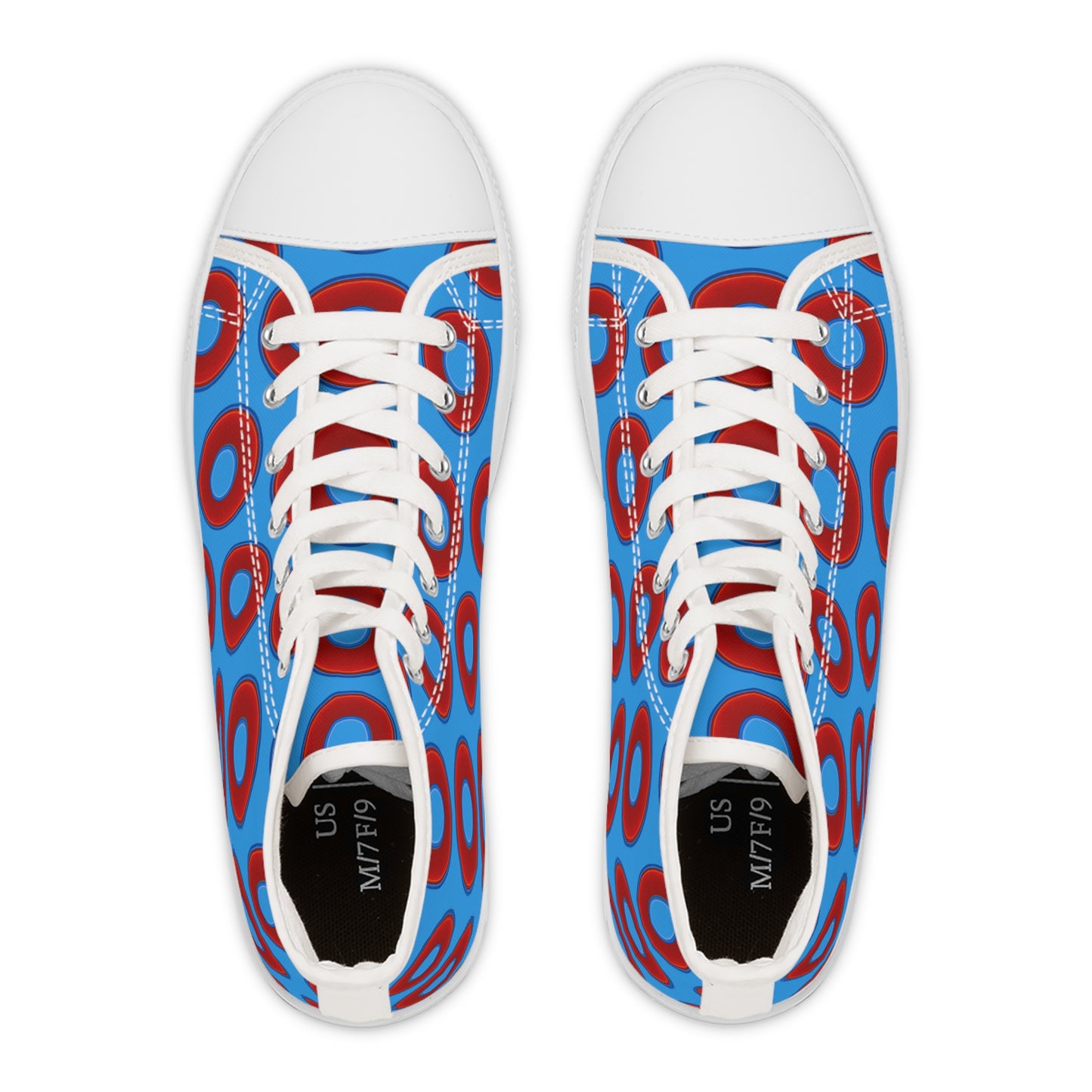Women's High Top Chuck Taylors - large vivid red donut print w/sky royal blue background