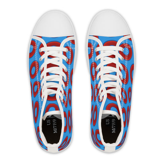 Women's High Top Chuck Taylors - large vivid red donut print w/sky royal blue background