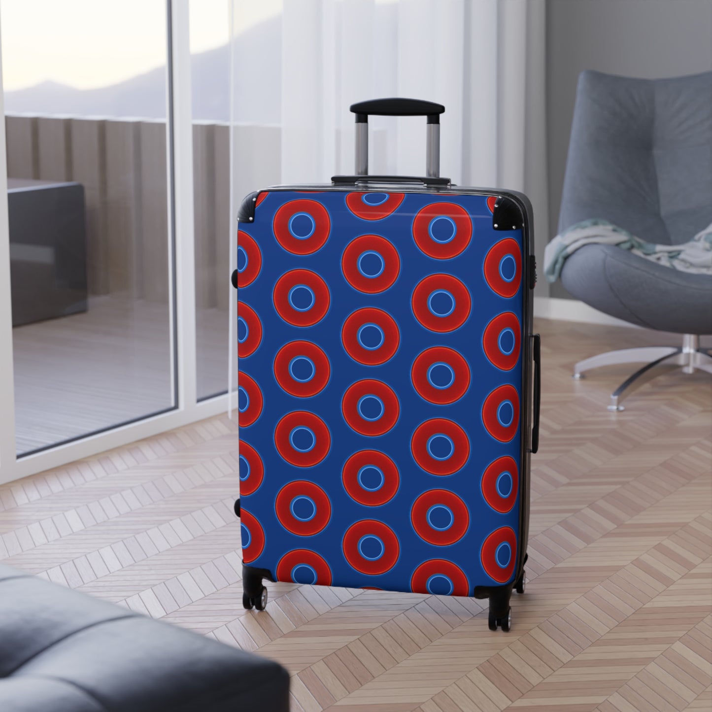 Very Lumpy Donut Suitcase series - your choice of S, M or L - vivid red donut print w/dark blue background