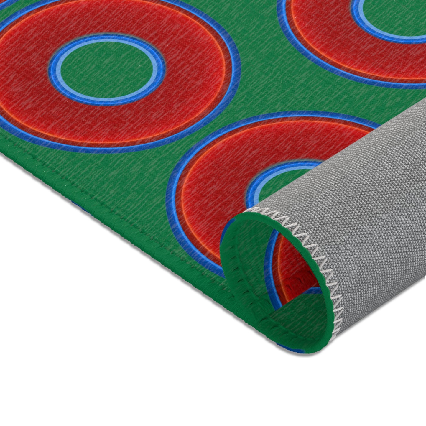 Lumpy Donut Print Rug - choice of 3 sizes - vivid red donut print w/green background
