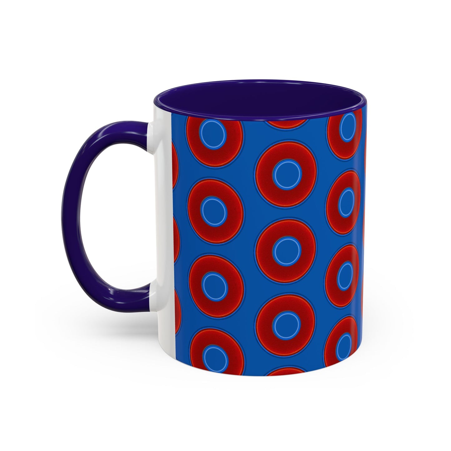 Lump's Grumpy Coffee Mug - vivid red donuts w/dark royal blue background