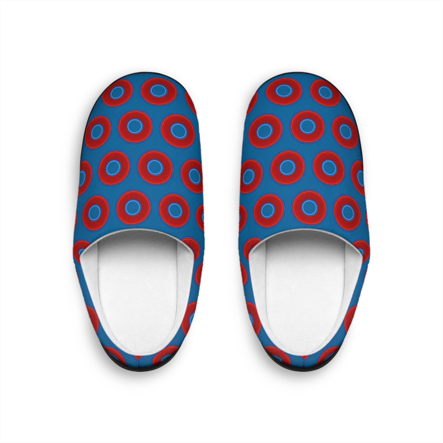 Men's Lumpy Slippers - red vivid donut print w/wavy navy blue background