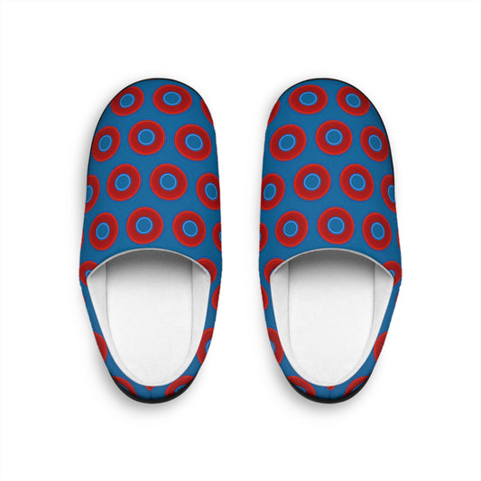 Men's Lumpy Slippers - red vivid donut print w/wavy navy blue background