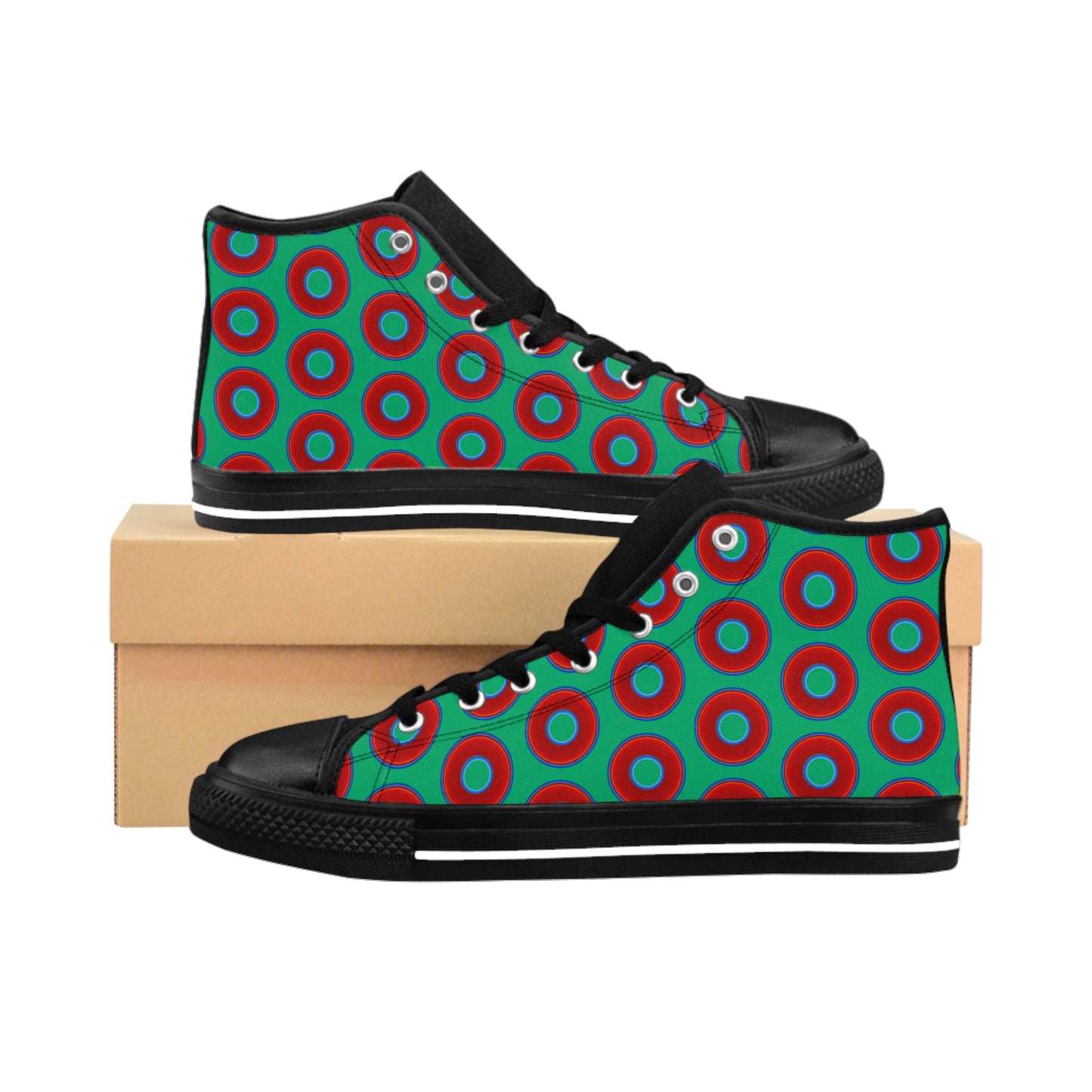 Men's Cushiony Convectors - High Tops - red vivid donuts w/jade green background