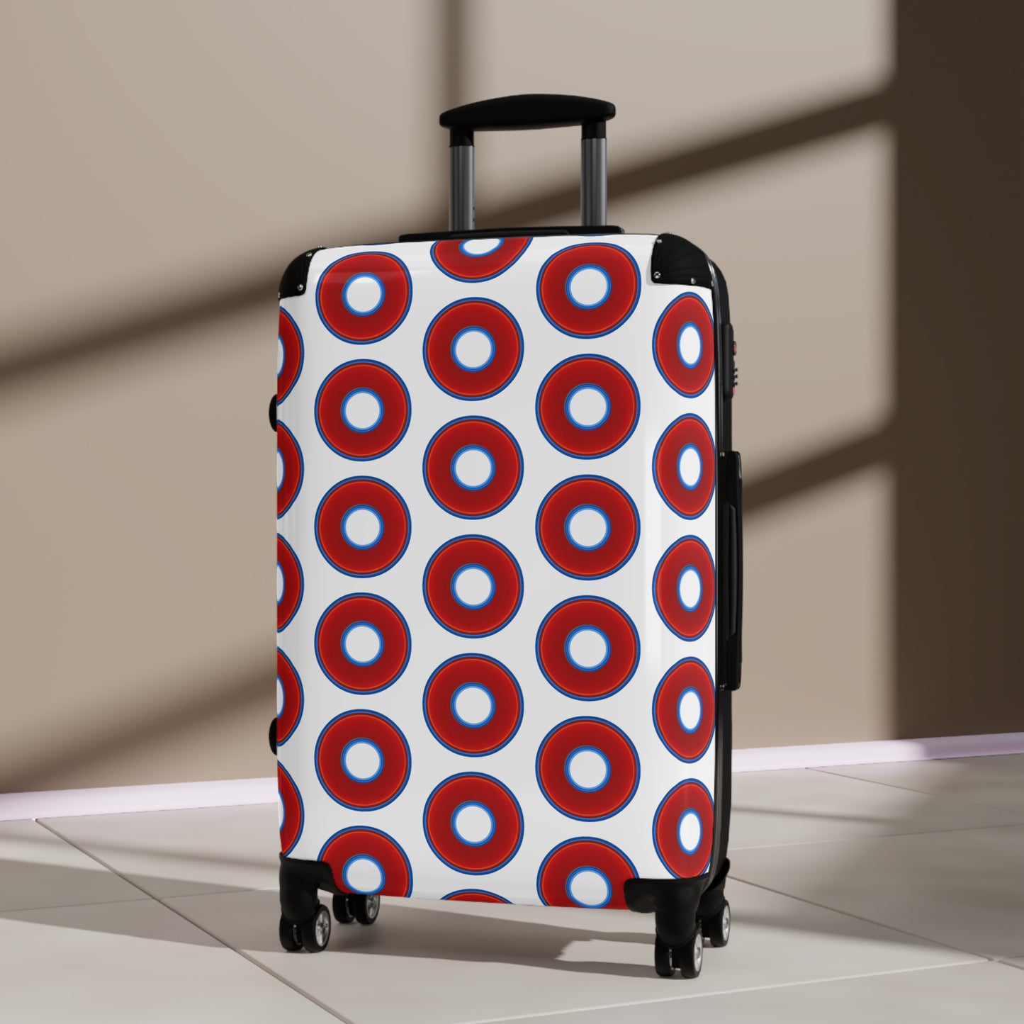 The Very Lumpy Donut Suitcase series - your choice of S, M or L - vivid red donut print w/white background