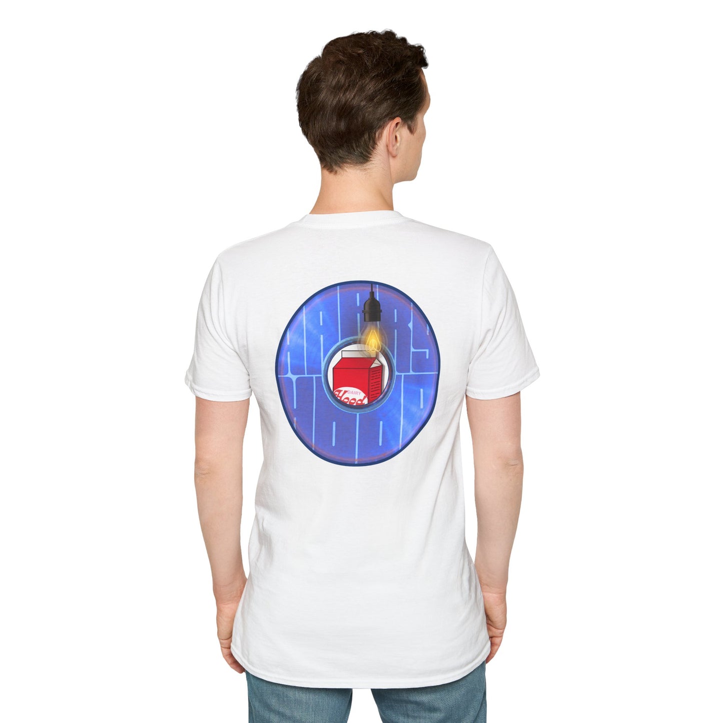 Classic Donut Tee - Unisex Soft-Style - "Harry Left His Donut Shirt" - series 1.0  - variant 4 - purple/blue donut - w/milk & light on