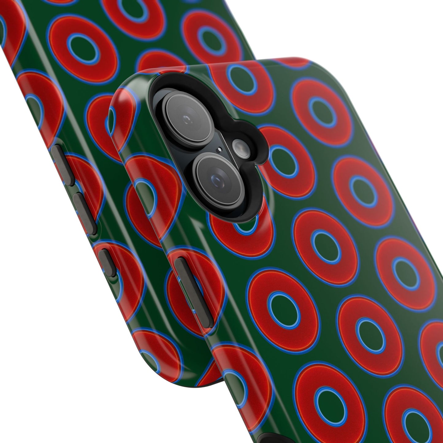 Impact-Resistant Lumpy Donut Case - red vivid donut print w/dark pond green background