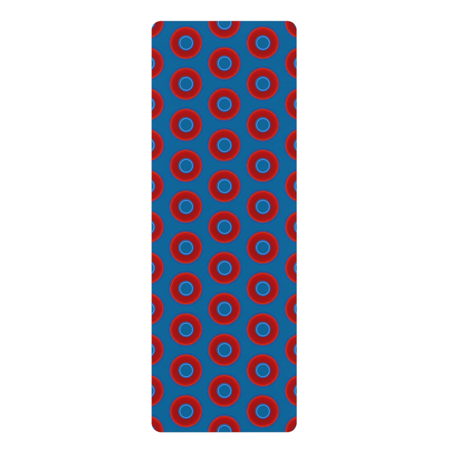 Lumpy Donut Yoga Mat :) - 24″ x 70" - vivid red donut print w/wavy navy blue background