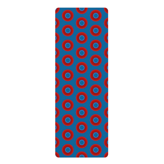 Lumpy Donut Yoga Mat :) - 24″ x 70" - vivid red donut print w/wavy navy blue background