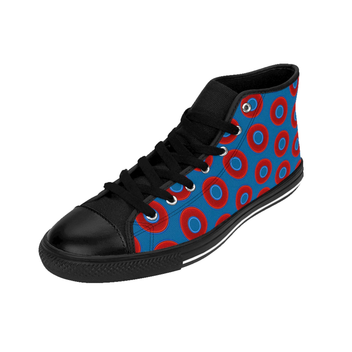 Men's Cushiony Convectors - High Tops - red vivid donuts w/wavy navy blue background